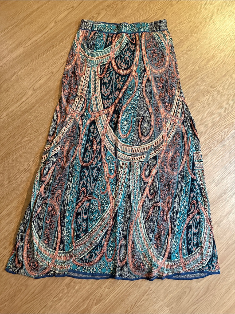 Peruvian Connection Teal & Coral Paisley Maxi Skirt